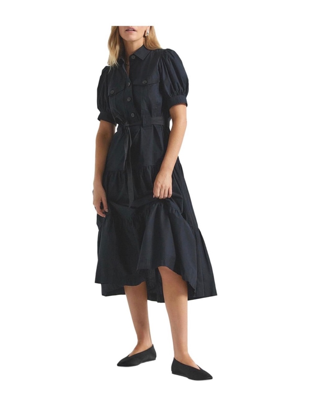 10 Crosby Derek Lam Black Puff-Sleeve Belted Midi Dress